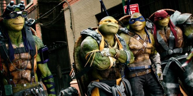 Donatello (violett) , Michelangelo (orange), Leonardo (blau) und Raphael (rot). Die Teenage Mutant Ninja Turtles im letzten bisher erschienenen Film.